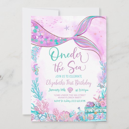 海の人魚の編集可能なワンダー、紫と青緑の最初の1つ 招待状 (正面)
