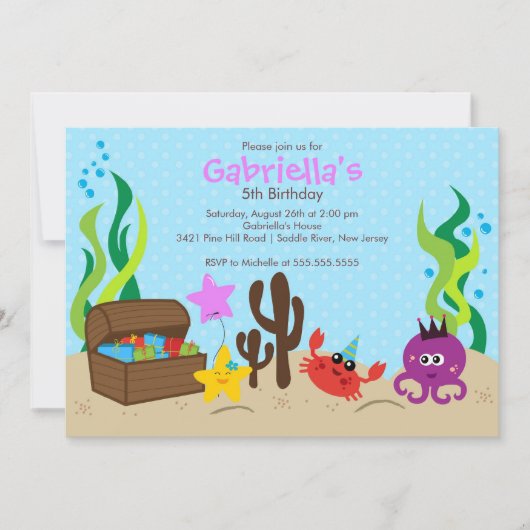 海の人魚の誕生会の下でかわいい 招待状 (正面)