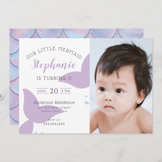 海の人魚の誕生日のパーティの招待状の下 招待状 (正面/裏面)