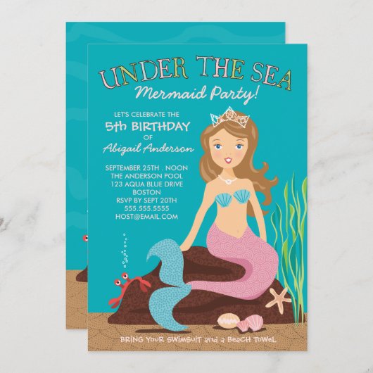 海の人魚の誕生日のパーティの招待状の下 招待状 (正面/裏面)