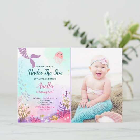 海の人魚の誕生日の招待状の紫色の下 招待状 (スタンド正面)