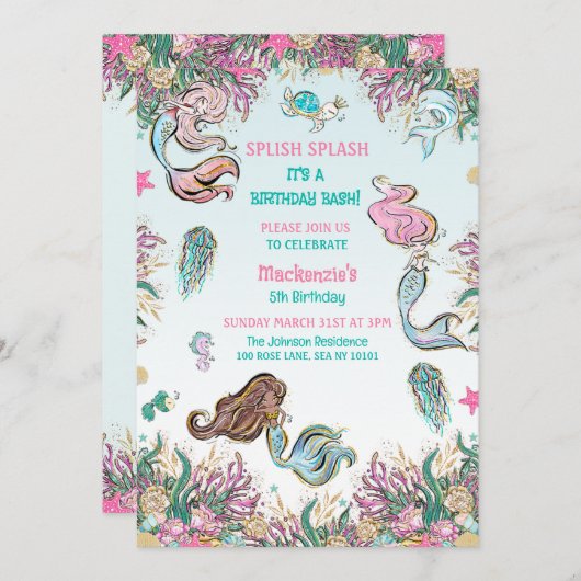 海の人魚の誕生日パーティーの下で魅惑的 招待状 (正面/裏面)