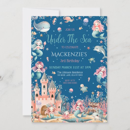 海の人魚の誕生日パーティーの下で魅惑的 招待状 (正面)