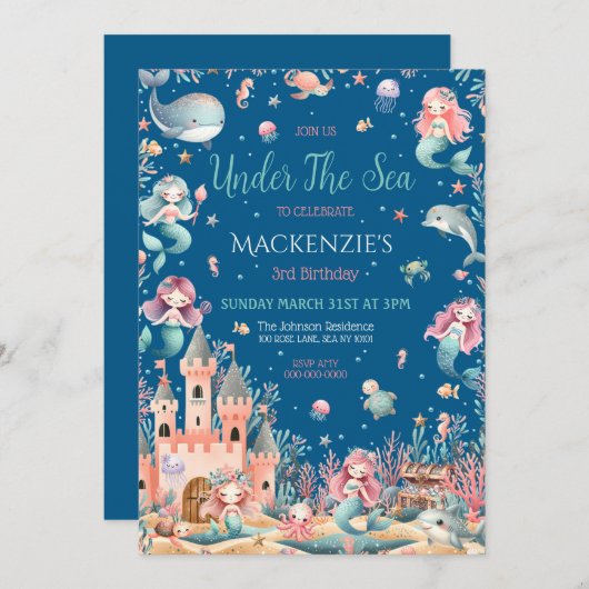 海の人魚の誕生日パーティーの下で魅惑的 招待状 (正面/裏面)