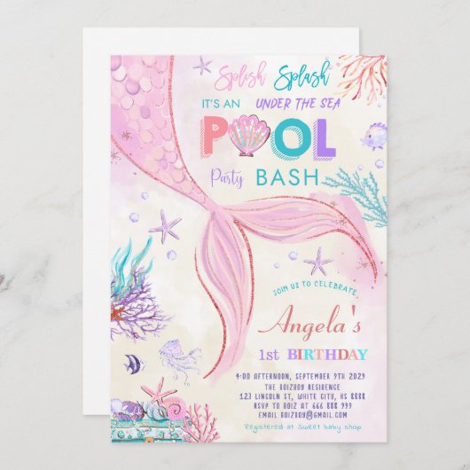 海の人魚の誕生日パーティーの下のプール 招待状 (正面/裏面)