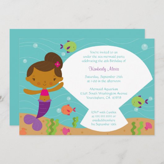 海の人魚の誕生日パーティーの招待の下で 招待状 (正面/裏面)