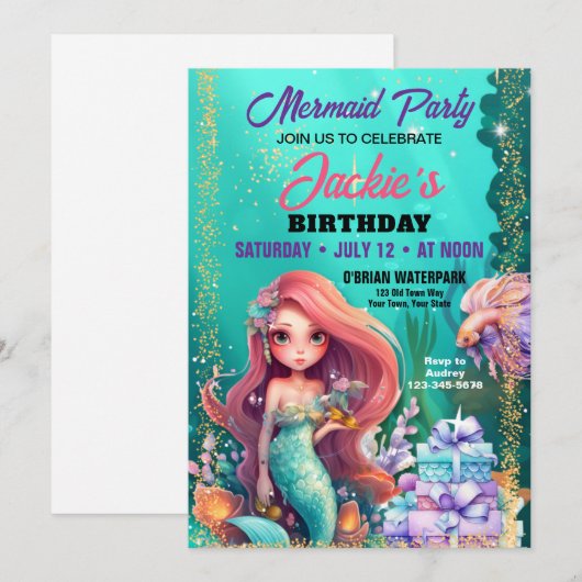 海の人魚の誕生日パーティーの招待の下で 招待状 (正面/裏面)