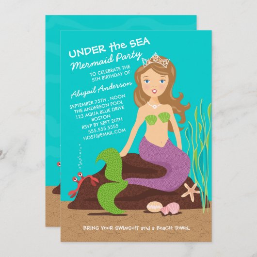 海の人魚の誕生日パーティーの招待の下 招待状 (正面/裏面)