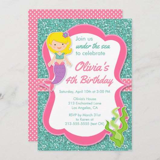 海の人魚の誕生日パーティーの招待の下 招待状 (正面/裏面)
