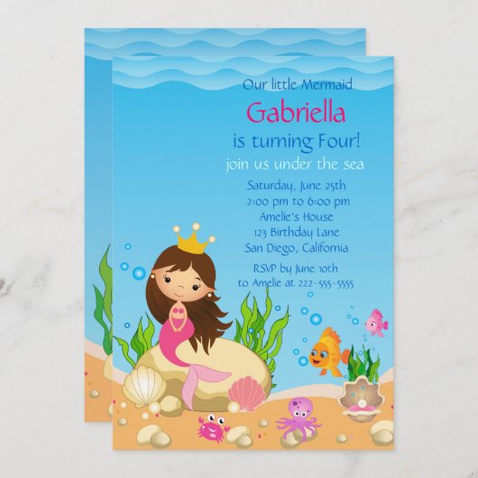 海の人魚の誕生日パーティーの招待の下 招待状 (正面/裏面)