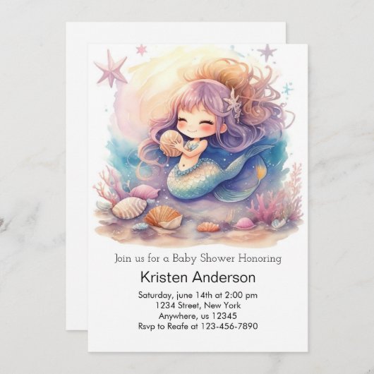 海の人魚の赤ちゃんシャワーの下で夢見る 招待状 (正面/裏面)