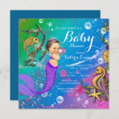 海の人魚の赤ちゃんシャワーの下のブルネット人魚 招待状 (正面/裏面)