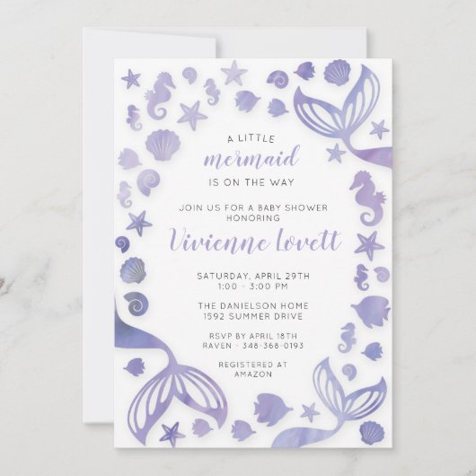 海の人魚の赤ちゃんシャワーの下 招待状 (正面)