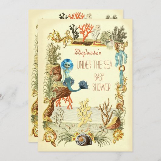 海の人魚の赤ん坊のシャワーの下 招待状 (正面/裏面)