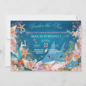 海の人魚サメ子供の誕生日パーティーの下 招待状 (正面)