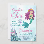 海の人魚パープルの1番目の誕生日の女の子のワンダー 招待状 (正面)
