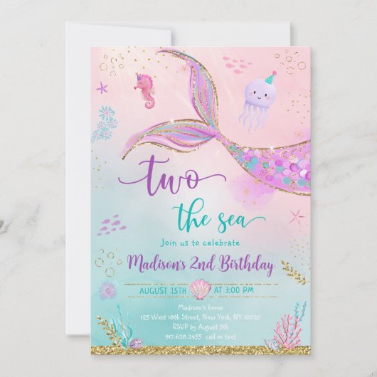 海の人魚ピンク・パープルの2番目の誕生日 招待状 (正面)
