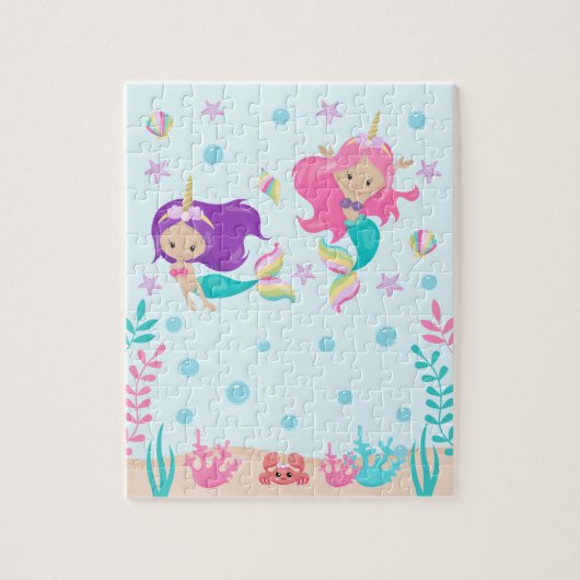 海の光の肌のトーンの下のユニコーン人魚 ジグソーパズル (縦)