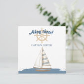 海の冒険をテーマにした子供の誕生日パーティー | ネイビーブルーとホワイトの船 サンキューカード (スタンド正面)