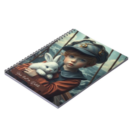 海の冒険を夢見る子供がお気に入りのウサギのぬいぐるみと一緒にする特別なカスタム ノートブック (左側)