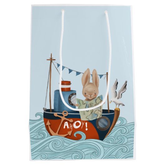 海の冒険 ネイビー ベビーボーイ シャワー ミディアムペーパーバッグ (裏面)