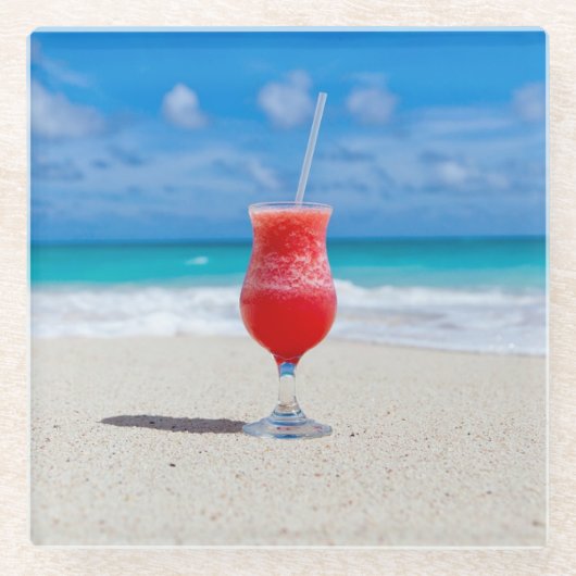 海の写真による赤いカクテル ガラスコースター (正面)