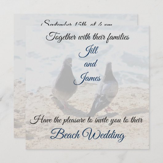 海の写真のプリントのビーチ結婚式による2羽の鳩 招待状 (正面/裏面)