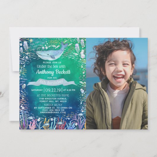 海の写真の下に任意の年齢の誕生日招待状 招待状 (正面)