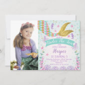 海の写真の誕生日の招待の下の人魚または 招待状 (正面)