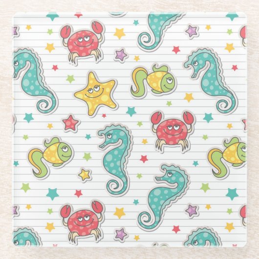 海の創造物のパターン ガラスコースター (正面)