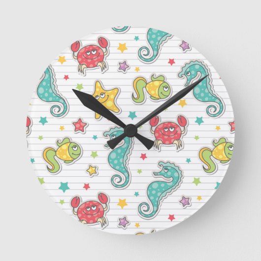 海の創造物のパターン ラウンド壁時計 (正面)