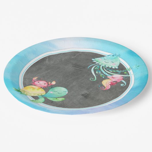 海の創造物の紙皿の下でかわいい ペーパープレート (アングル)