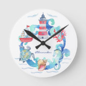 海の動物と船と灯台の nautical テーマ ラウンド壁時計 (正面)