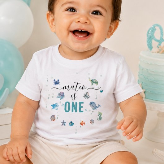 海の動物のカスタム名 1歳の誕生日 トドラーTシャツ