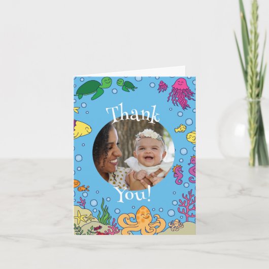 海の動物の下かわいい第1の誕生日の写真 招待状 (正面)