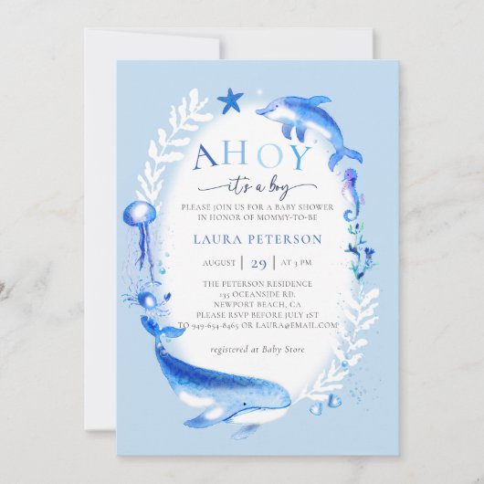 海の動物の下でアホイ航海のボーイベビーシャワー 招待状 (正面)