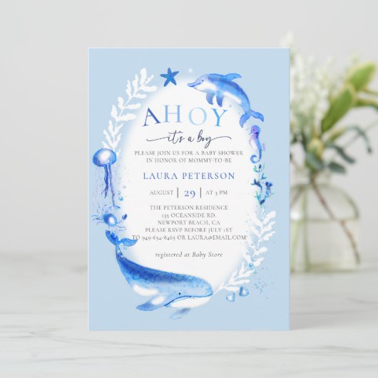 海の動物の下でアホイ航海のボーイベビーシャワー 招待状 (スタンド正面)