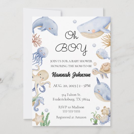 海の動物の下でオ航海のーボーイベビーシャワー 招待状 (正面)