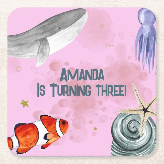 海の動物の下でクジラの子供のパーティーピンク スクエアペーパーコースター (正面)