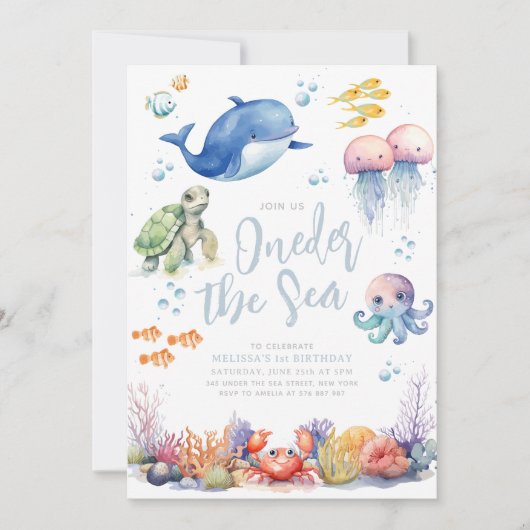 海の動物の下で最初の誕生日 招待状 (正面)
