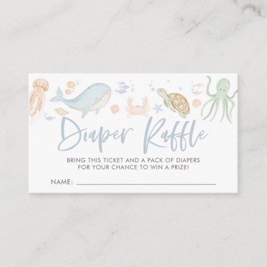 海の動物の下で赤ちゃんシャワーおむつラッフル エンクロージャーカード (正面)