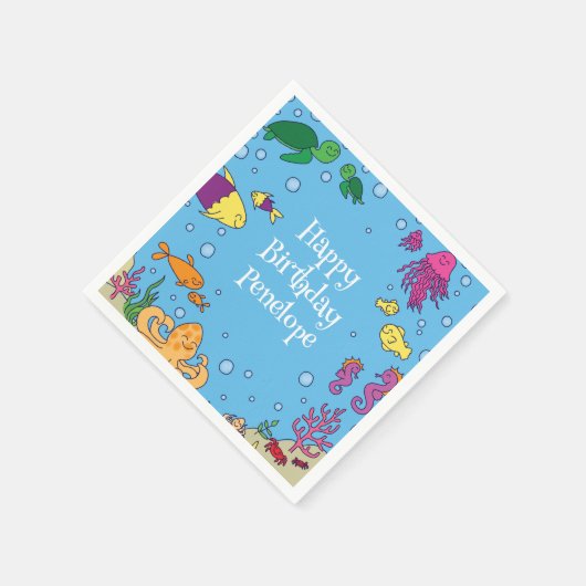 海の動物の下にかわいい第1の誕生日パーティー スタンダードカクテルナプキン (角)