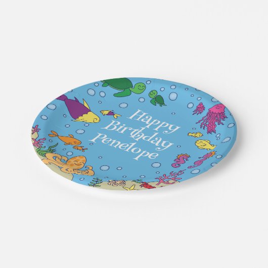 海の動物の下にかわいい第1の誕生日パーティー ペーパープレート (アングル)
