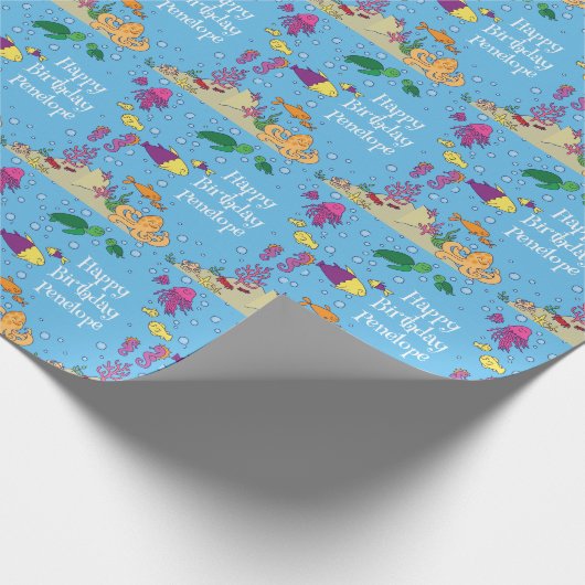 海の動物の下にかわいい第1の誕生日パーティー ラッピングペーパー (角)