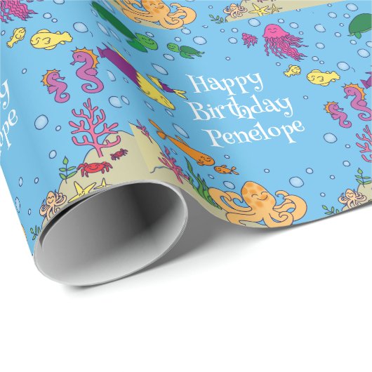 海の動物の下にかわいい第1の誕生日パーティー ラッピングペーパー (ロールコーナー)
