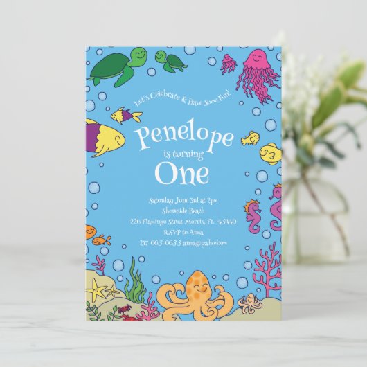 海の動物の下にかわいい第1の誕生日パーティー 招待状 (スタンド正面)