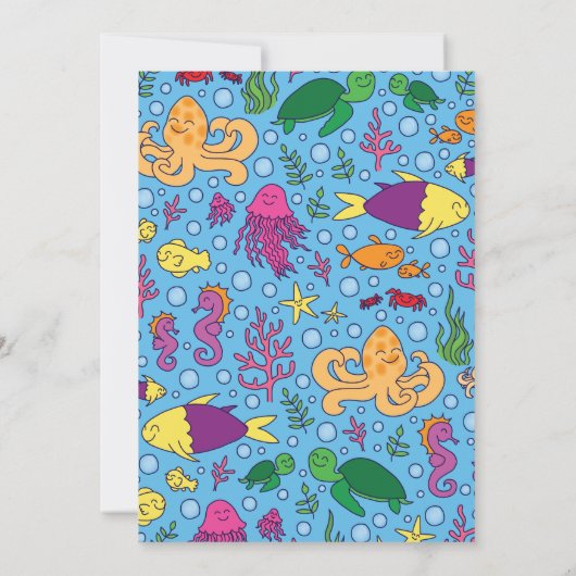 海の動物の下にかわいい第1の誕生日パーティー 招待状 (裏面)