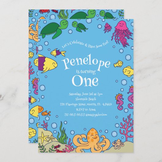 海の動物の下にかわいい第1の誕生日パーティー 招待状 (正面/裏面)