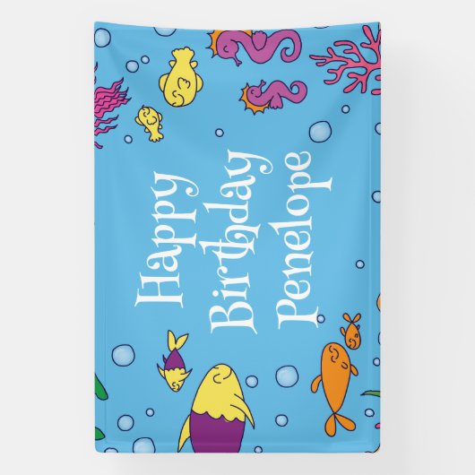 海の動物の下にかわいい第1の誕生日パーティー 横断幕 (縦)