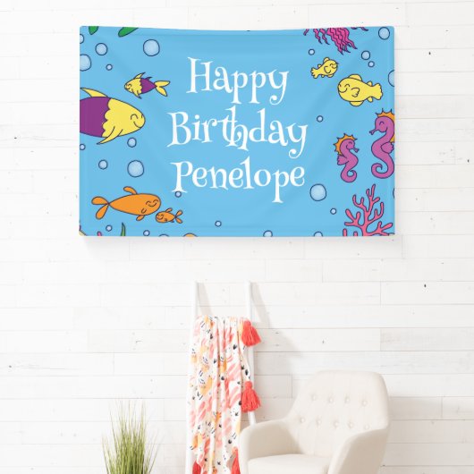 海の動物の下にかわいい第1の誕生日パーティー 横断幕 (インサイチュ)